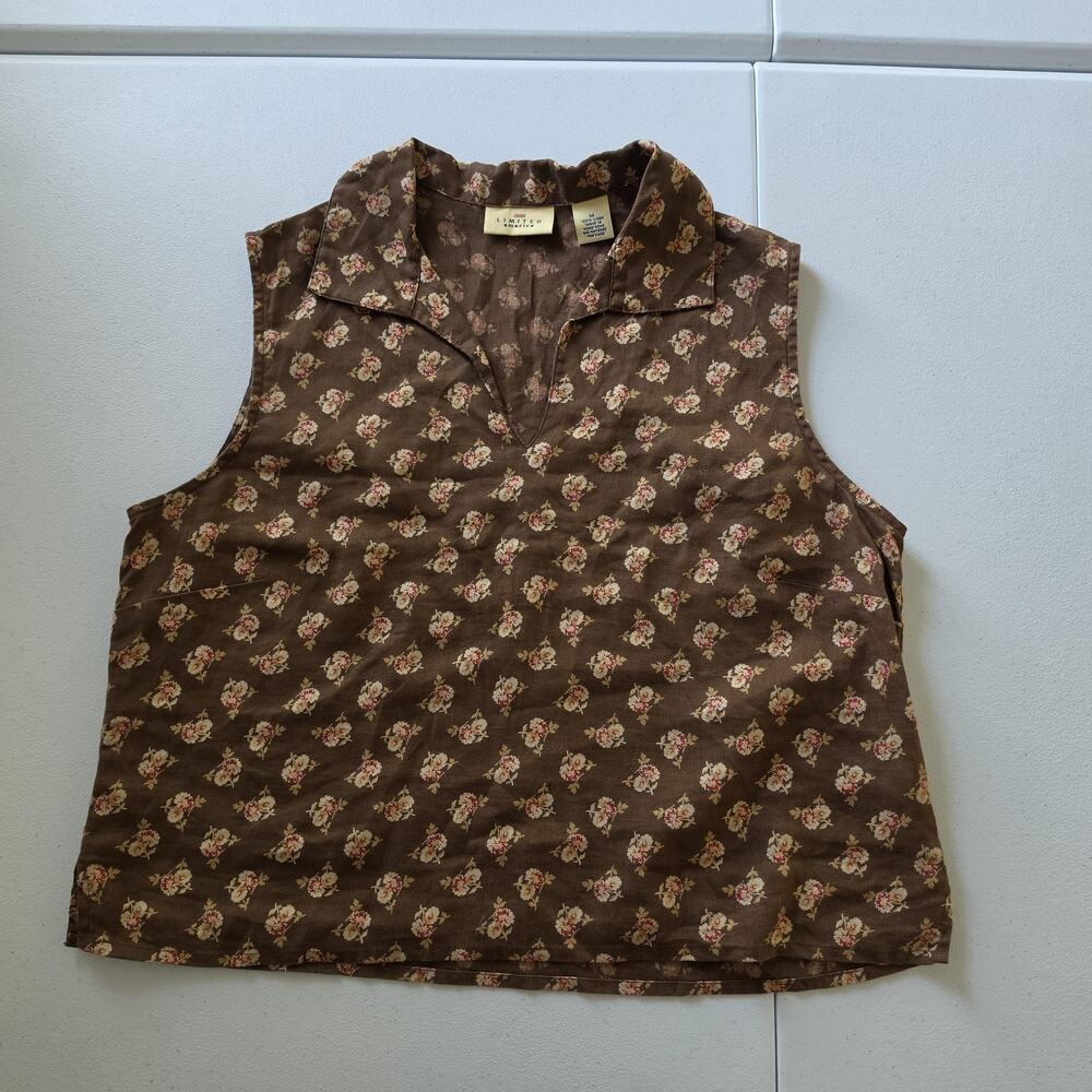 Vintage Limited America Blouse Womens Medium Brown Linen Floral Collared Top